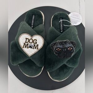 Laines London Slippers w/Black Pug & Dog Mom Brooches - Limited Edition Green